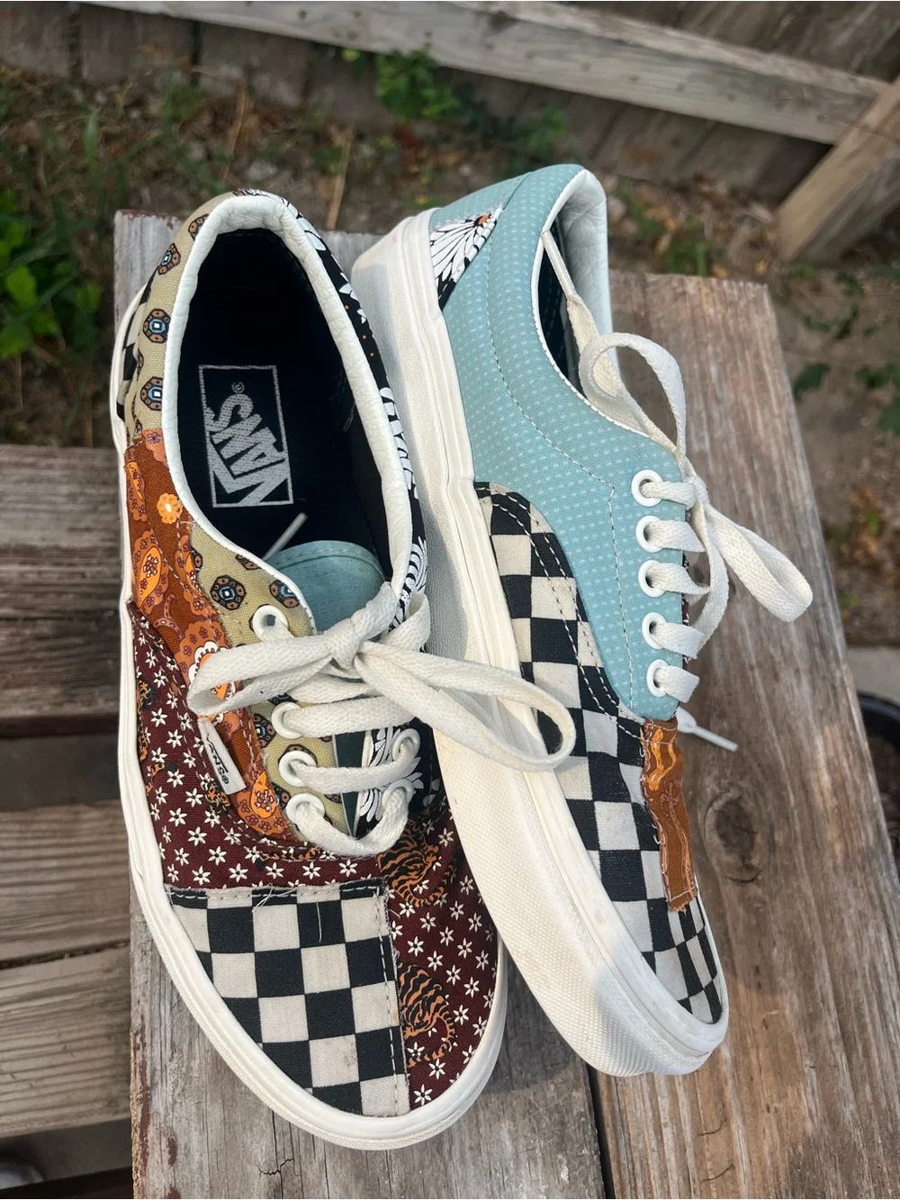 Vans Patchwork Checkerboard Low-Top Sneakers in Black, White, Brown, Tan, Blue - Picture 2 of 3